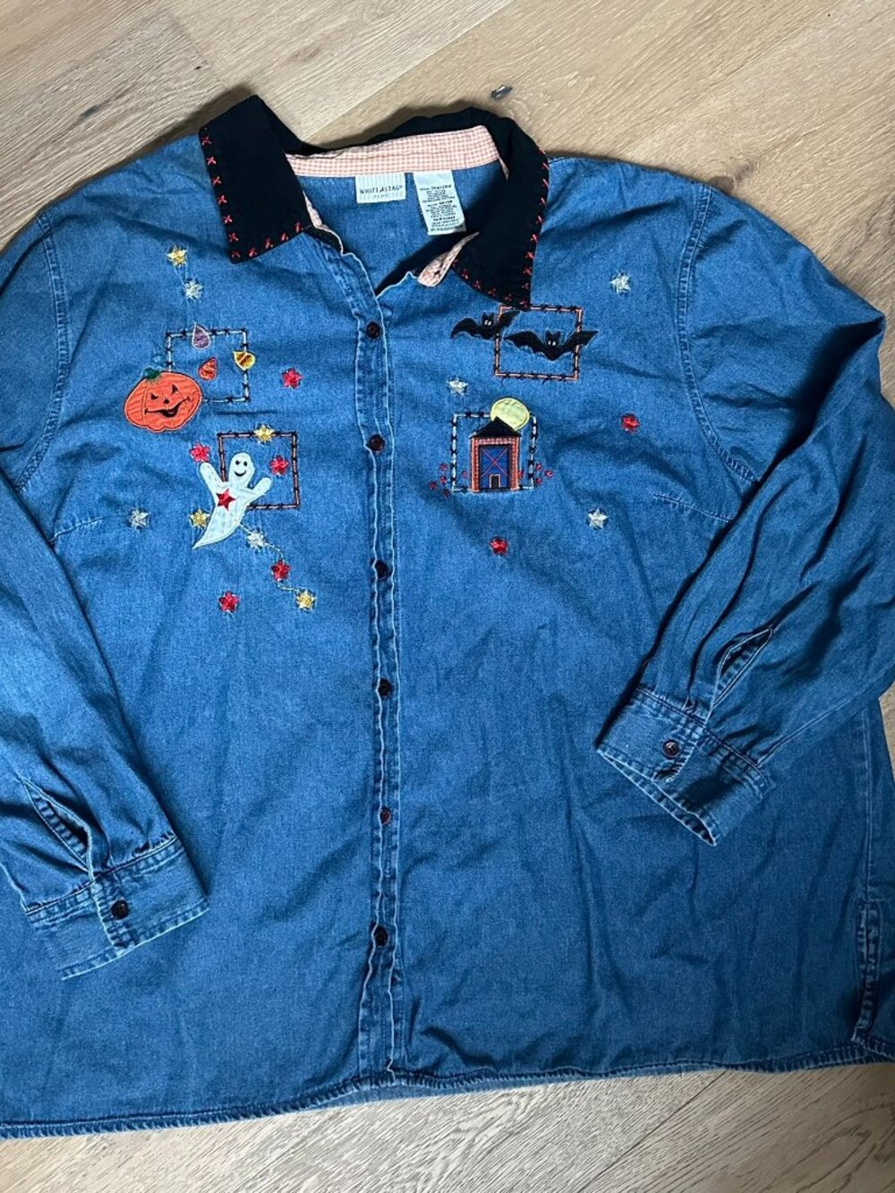 Women's Denim Button Down Shirt with Halloween Embroidery